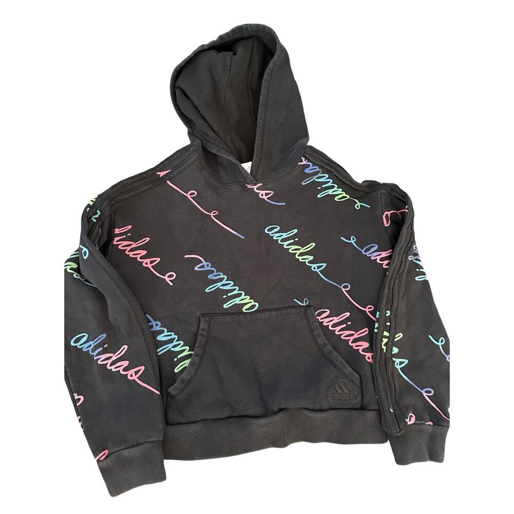 Adidas Girls' Black Script Logo Rainbow Cropped Pullover Hoodie Size Small